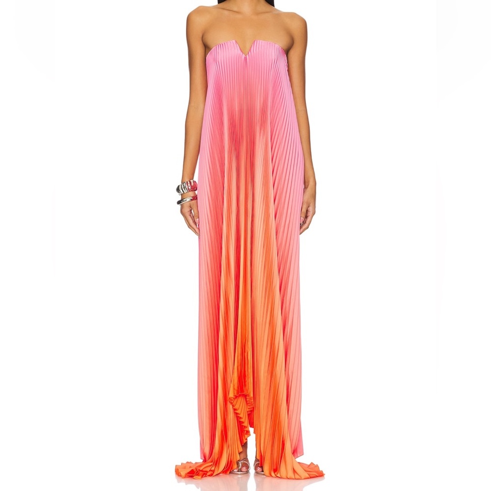 Strapless Pink to Orange Ombre Pleated Maxi Gown